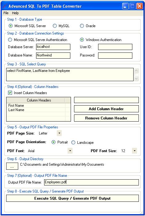 Advanced SQL To PDF Table Converter screenshot