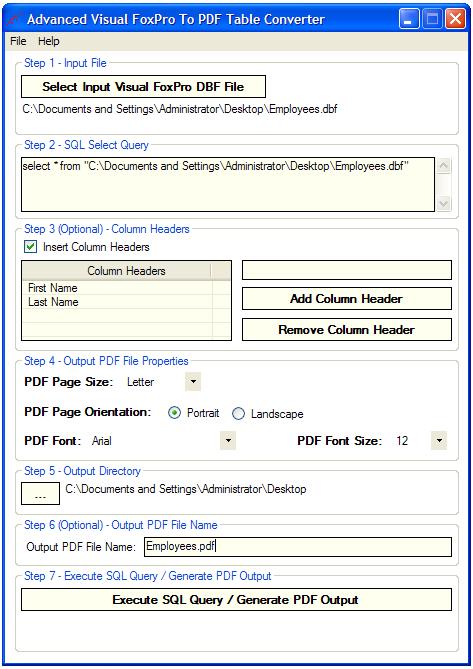 Advanced Visual FoxPro To PDF Table Converter screenshot