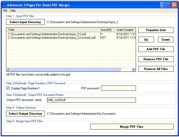 Converts one or more PDF documents into one 2 pages per sheet PDF document.