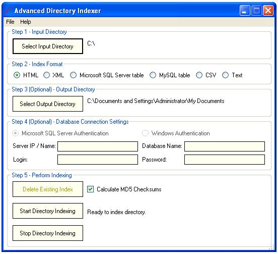 Directory and file indexer. Supports SQL Server, MySQL, XML, CSV, HTML, TXT.