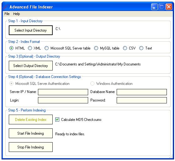 Directory and file indexer. Supports SQL Server, MySQL, XML, CSV, HTML, TXT.